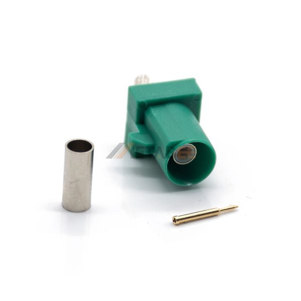 Fakra E Male Connector Crimp Attachment for RG174 Coax, Green Color 01
