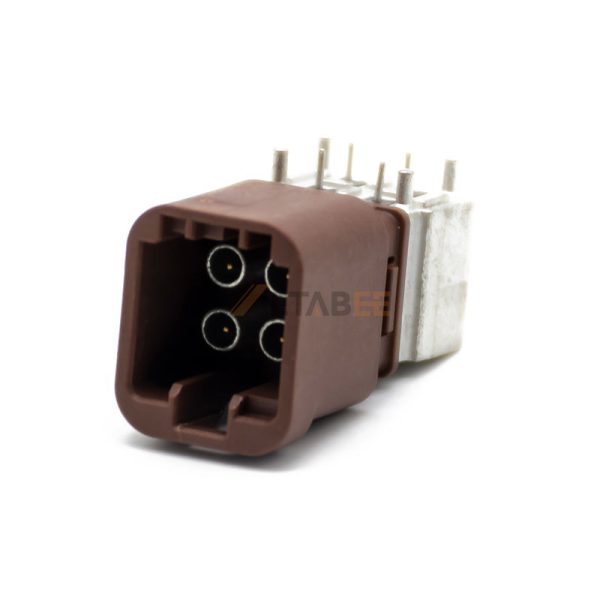 4 Pin Mini Fakra F Male Connector Through Hole Panel Mount Solder Attachment, Right Angle, Brown Color 01