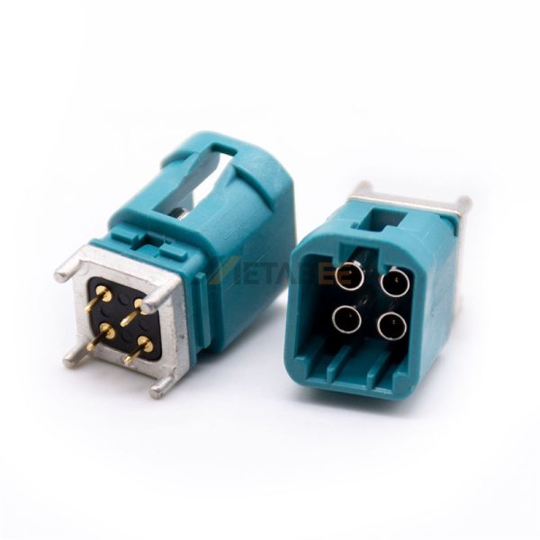 4 Pin Mini Fakra Z Male Connector Through Hole Mount Solder Attachment, Right Angle, Water Blue Color 01