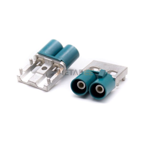 Dual Fakra Z Type Male Connector Surface Panel Mount Solder Attachment, Right Angle, Water Blue Color 01