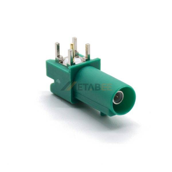Fakra E Male PCB Through Hole Mount Connector, Right Angle, Green Color 01
