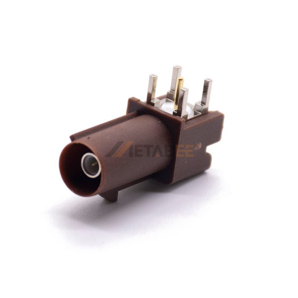 Fakra F Male PCB Through Hole Mount Connector, Right Angle, Brown Color 01