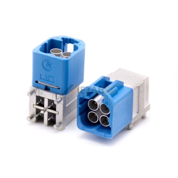 Mini Fakra 4 Pin Male Connector Through Hole Mount Solder Attachment, Right Angle, Code C, Blue Color 01