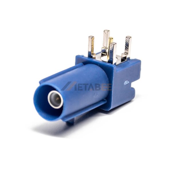 Right Angle Fakra Male RF Connector Through Hole Mount Solder Attachment, Code C, Blue Color 01