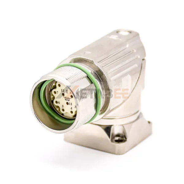 12 Pin M23 Female Panel Mount Connector with 4 Hole Flange, Solder, Right Angle (1)