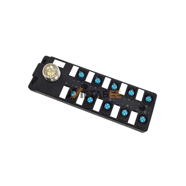 M12 10 Ports Actuator Sensor Distribution Block with M23 A-coded 19 Pin Connector, 10x M12 A-coded 5 Pin Female Connector, LED Indicator 01