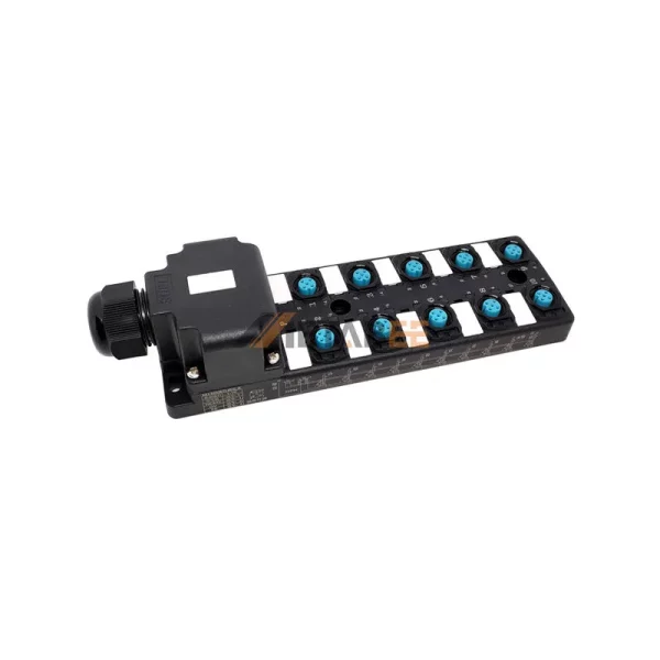 M12 10 Ports Actuator Sensor Distribution Block with PCB Connection Interface, 10x M12 A-coded 5 Pin Female Connector, LED Indicator 01