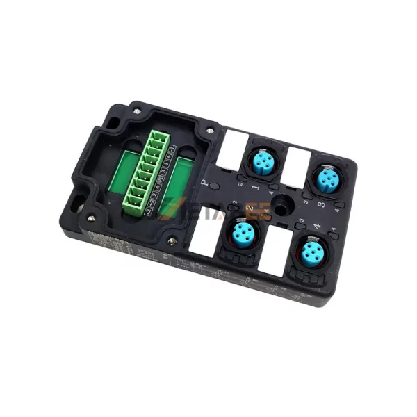 M12 4 Ports Actuator Sensor Junction Box with PCB Connection Interface, 4x M12 A-coded 5 Pin Female Connector, LED Indicator 01