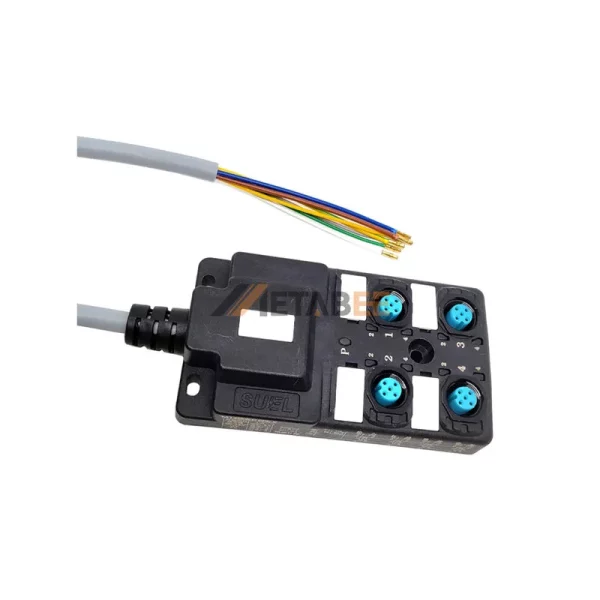 M12 4 Ports Passive Distribution Box with Integrated Control Cable, 4x M12 A-coded 5 Pin Female Connector, LED Indicator 01