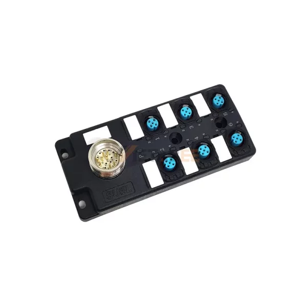 M12 6 Ports Actuator Sensor Distribution Box with M23 A-coded 19 Pin Connector, 6x M12 A-coded 5 Pin Female Connector, LED Indicator 01