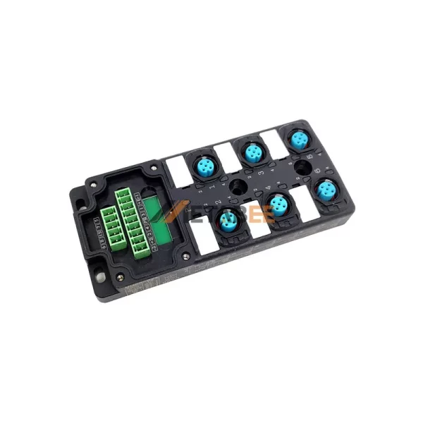 M12 6 Ports Actuator Sensor Junction Box with PCB Connection Interface, 6x M12 A-coded 5 Pin Female Connector, LED Indicator 01