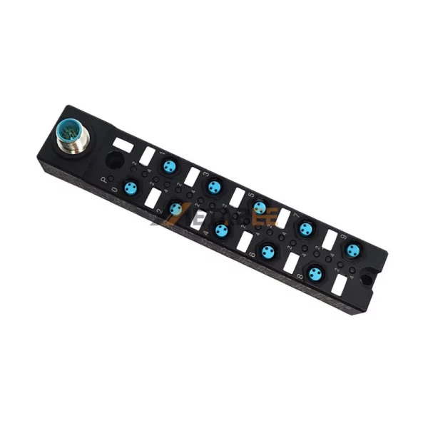 M8 10 Ports Passive Distribution Block with M12 A-coded 12 Pin Male Connector, 10x M8 A-coded 3 Pin Female Connector, LED Indicator 01