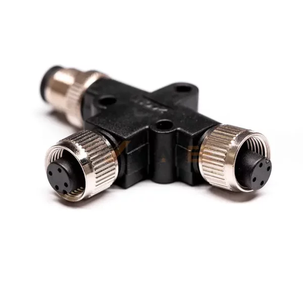 M12 5 Pin A Coded T Connector, 1 Male to 2x Female 01
