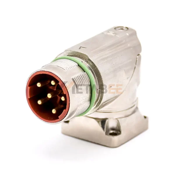 M40 6 Pin Male Panel Mount Circular Power Connector for 4 Hole Flange, Solder, Right Angle 01