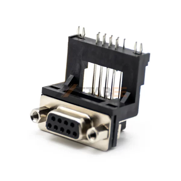 9 Pin D-Sub Female Right Angle Connector For PCB Mount, Through Hole, 4-40 UNC Screw Lock, Long Bracket