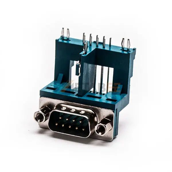 90 Degree DB9 Male Connector, PCB Mount, Through Hole, 2.77mm Pitch, 4-40 UNC Screw Lock