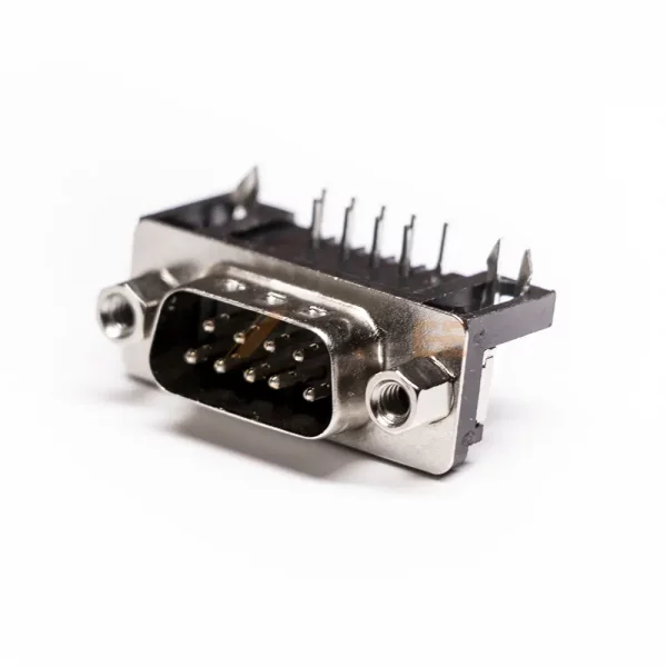 90 Degree DB9 Male Connector for PCB Mount, Through Hole, 2.77mm Pitch, Screw Lock