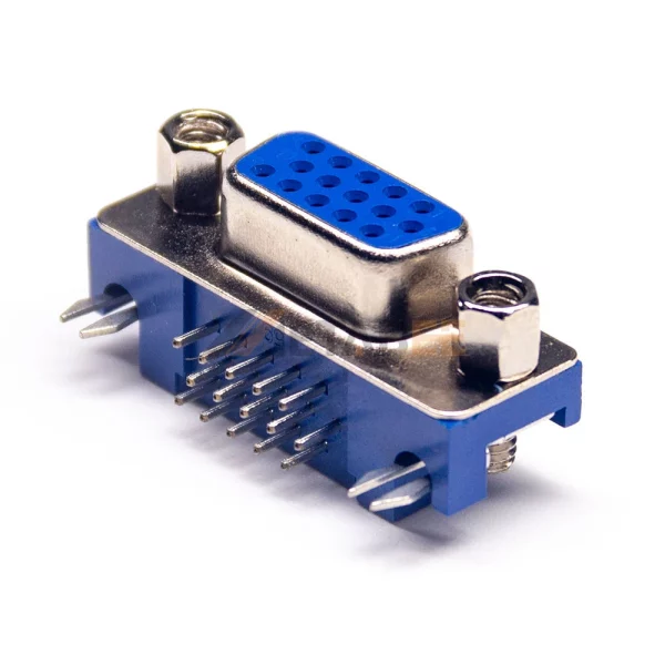HD D-Sub 15 Pin Female Connector for PCB Mount, Through Hole, Right Angle, 2.29mm Pitch, Front Screw Lock