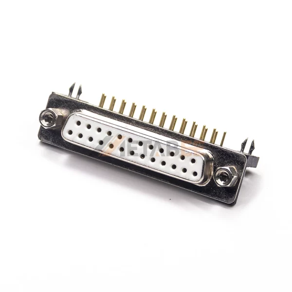 Right Angle DB25 Female Connector for PCB Mount, Through Hole,  2.77mm Pitch, Machined Contacts