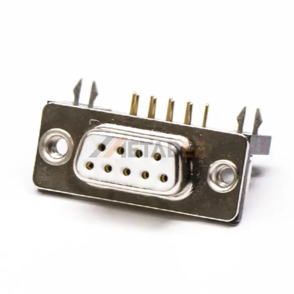 D-Sub 9 Pin Female Right Angle Connector for PCB Mount, Through Hole, Machined Contacts, 2.77mm Pitch