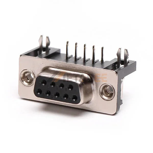 DB9 Female Right Angle Connector, PCB Mount, Through Hole, 2.77mm Pitch, Front Screw Lock