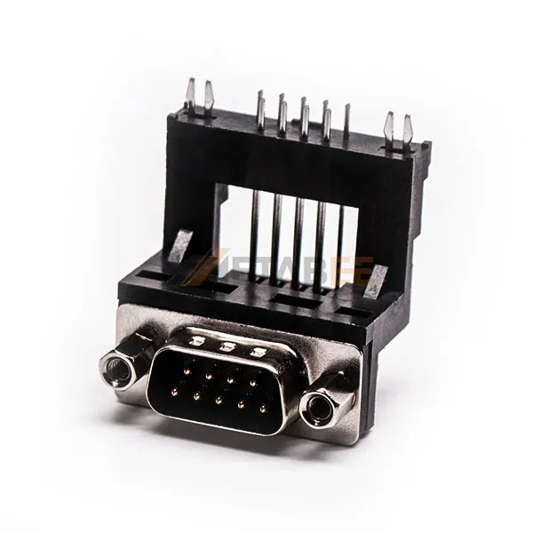 DB9 Male Right Angle Connector for PCB Mount, Through Hole, 2.77mm Pitch, 4-40 UNC Screw Lock, Long Bracket
