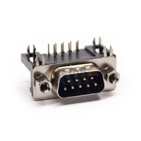 DB9 Male Right Angle Connector for PCB Mount, Through Hole, 2.77mm Pitch, Front Screw Lock