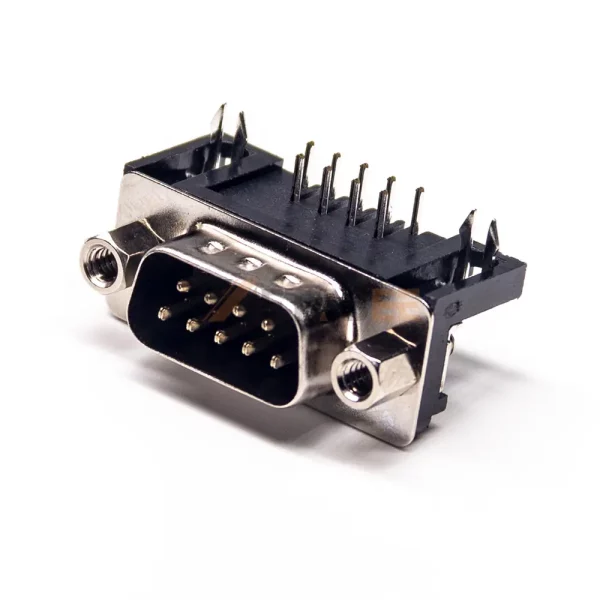 DB9 Right Angle Male Connector, PCB Mount, Through Hole, 2.77mm Pitch, Screw Lock, IP20
