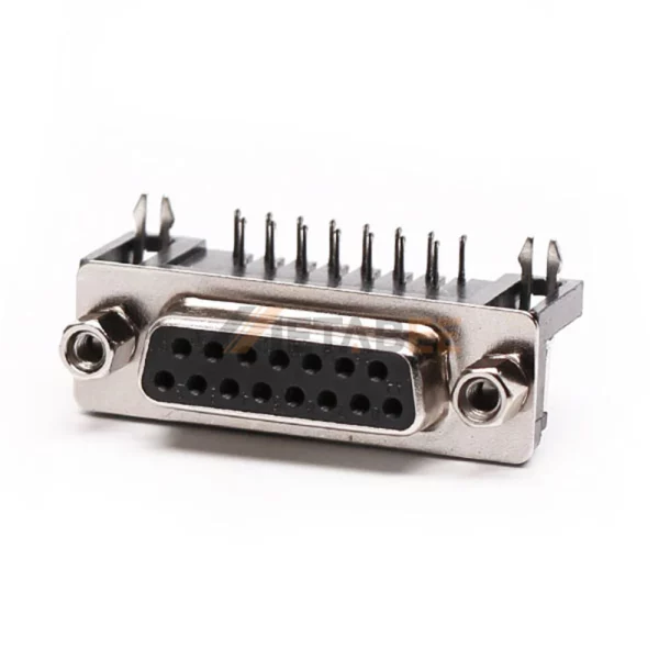 Right Angle D-Sub 15 Pin Female Connector for PCB Mount, Through Hole, 2.77mm Pitch, Front Screw Lock