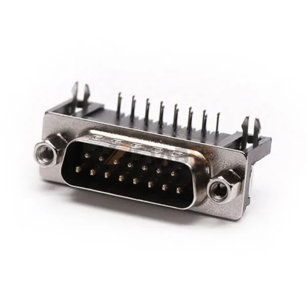 Right Angle D-Sub DB15 Male Connector for PCB Mount, 2.77mm Pitch, Front Screw Lock