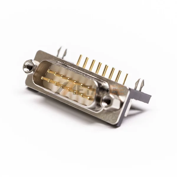 D-Sub 15 Pin Right Angle Male Connector for PCB Mount, 2.77mm Pitch, Machined Contacts, Front Screw Lock