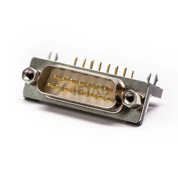 Right Angle DB15 Male Connector for PCB Mount, Machined Contacts, 2.77mm Pitch, Front Screw Lock