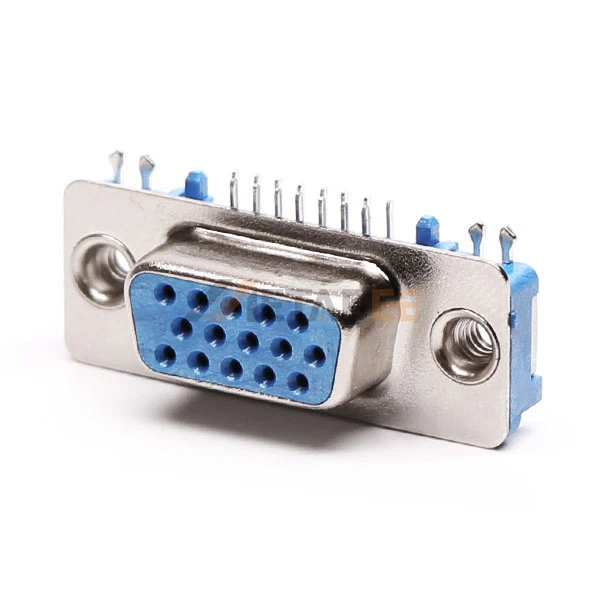 15 Pin HD D-Sub Female Connector for PCB Mount, Though Hole, Right Angle, 2.29mm Pitch, Rear Rivet Nut