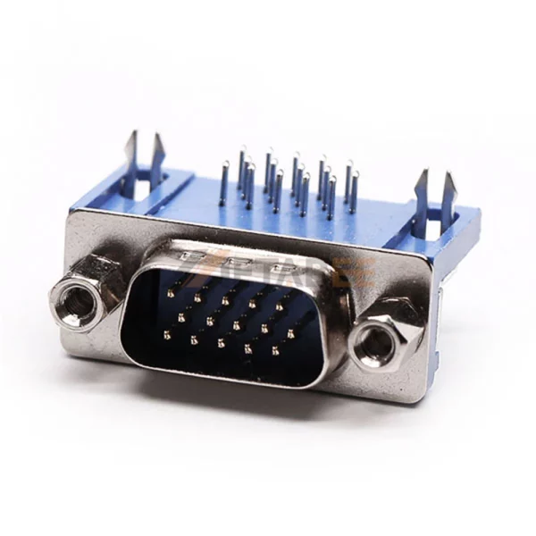High Density 15 Pin D-Sub Male Connector for PCB Mount, Right Angle, 2.29mm Pitch, Front Screw Lock