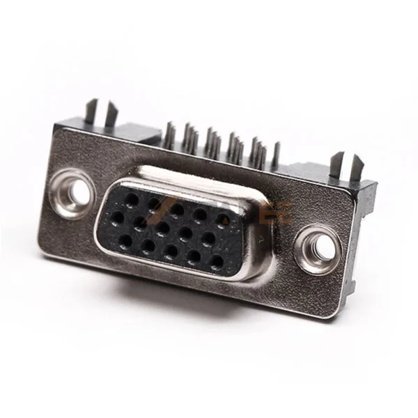 High Density D-Sub 15 Pin Female Solder Connector for PCB Mount, Through Hole, Right Angle, 2.29mm Pitch