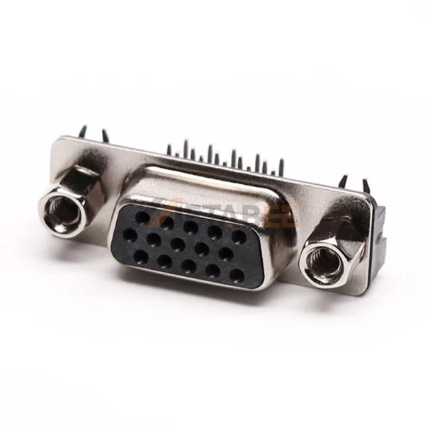 D-Sub HD15 Pin Female Connector for PCB Mount, Right Angle, 2.29mm Pitch, Front Screw Lock