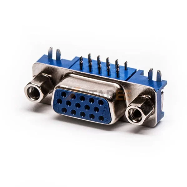 HD D-Sub 15 Pin Female Connector for PCB Mount, Right Angle, 2.29mm Pitch, Front Screw Lock