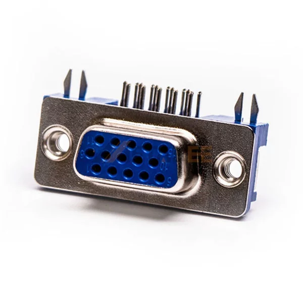 HD D-Sub 15 Pin Female Connector for PCB Mount, Though Hole, Right Angle, 2.29mm Pitch
