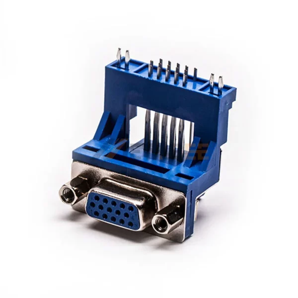 Right Angle D-Sub 15 Pin HD Female Connector, 2.29mm Pitch, Long Bracket, Front Screw Lock