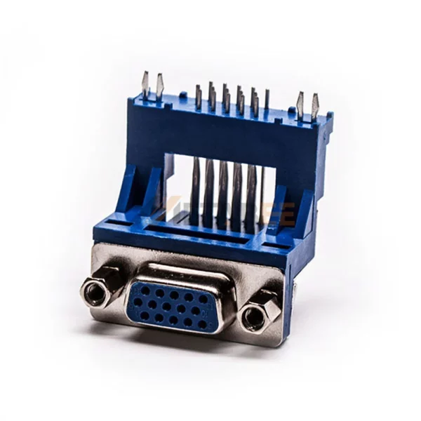 High Density DB15 Female Connector for PCB Mount, Right Angle, 2.29mm Pitch, Long Bracket, Front Screw Lock