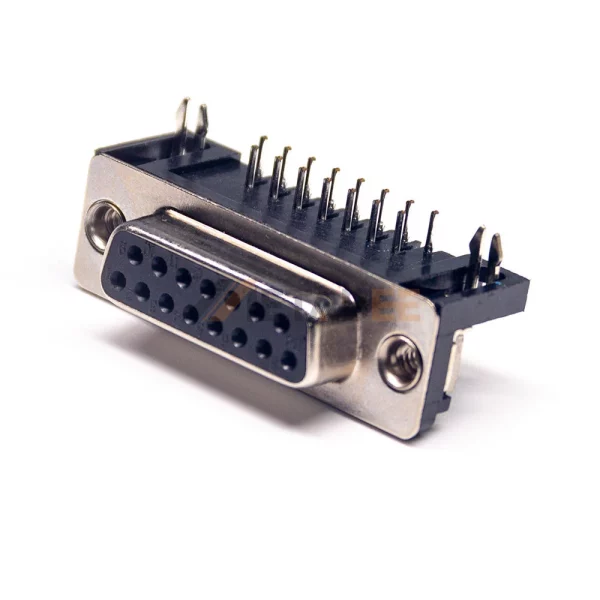 Right Angle D-Sub 15 Pin Female Connector for PCB Mount, Through Hole, 2.77mm Pitch, Rear Rivet Nut