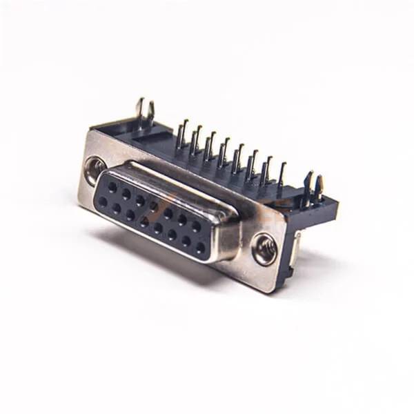 Right Angle D-Sub DB15 Female Connector for PCB Mount, Through Hole, 2.77mm Pitch, Rear Rivet Nut