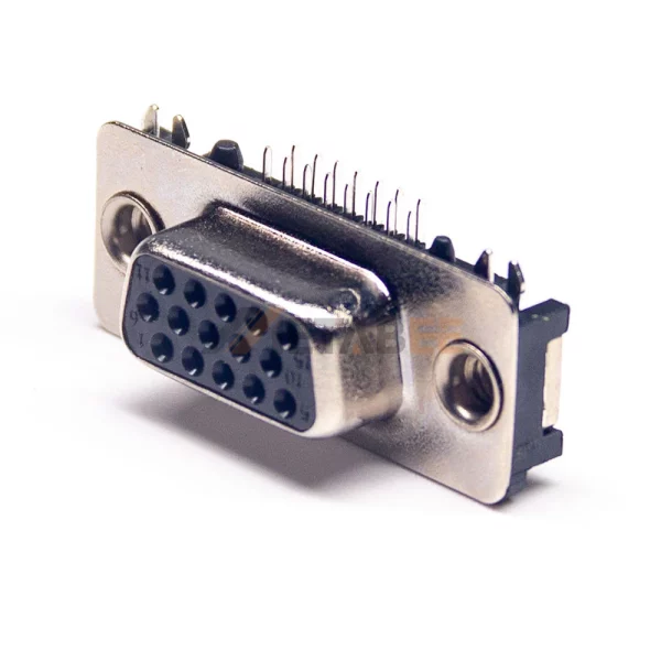 D-Sub HD15 Female Connector for PCB Mount, Though Hole, Right Angle, 2.29mm Pitch, Rear Rivet Nut