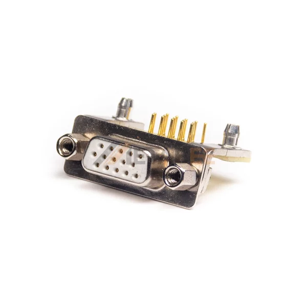 VGA D-Sub 15 Pin Female Connector for PCB Mount, Right Angle, Machined Contacts, 2.29mm Pitch, Front Screw Lock