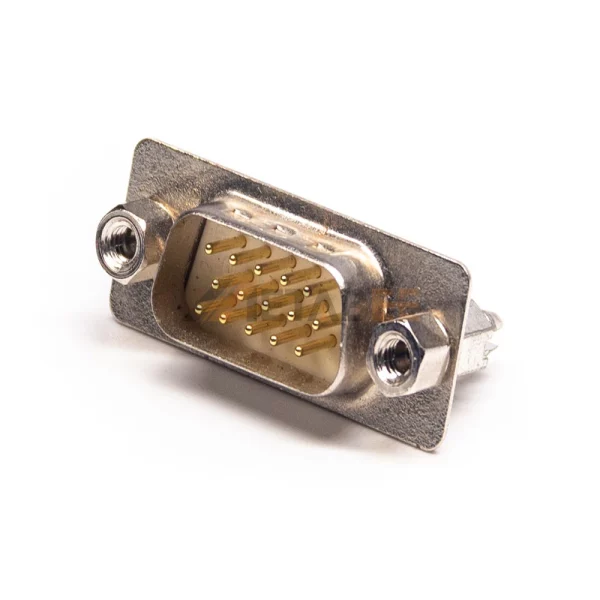 D-Sub 15 Pin VGA Male Connector for PCB Mount, 2.29mm Pitch, Machined Contacts, Front Screw Lock
