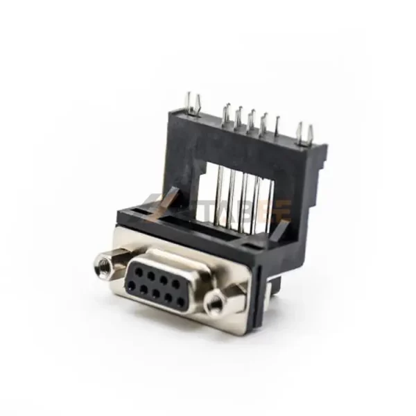 Right Angle 9 Pin DB9 Female Connector, PCB Mount, Through Hole, 4-40 UNC Screw Lock, Board Locks
