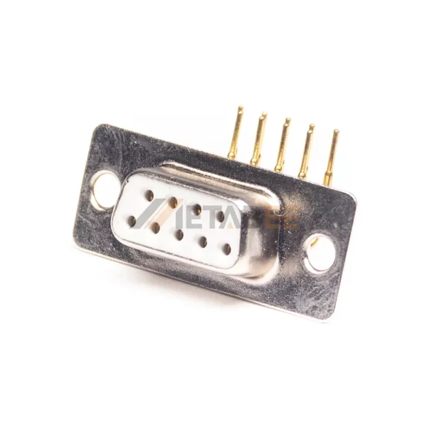 Right Angle D-Sub DB9 Female Connector, PCB Mount, Through Hole, Machined Contacts, 2.77mm Pitch