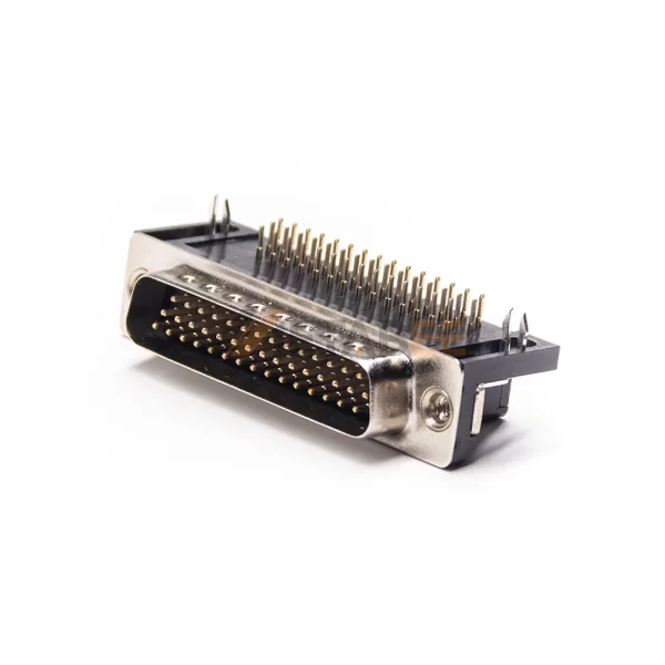 Right Angle DB44 Male Connector for PCB Mount, Through Hole, Machined Contacts, 2.29mm Pitch