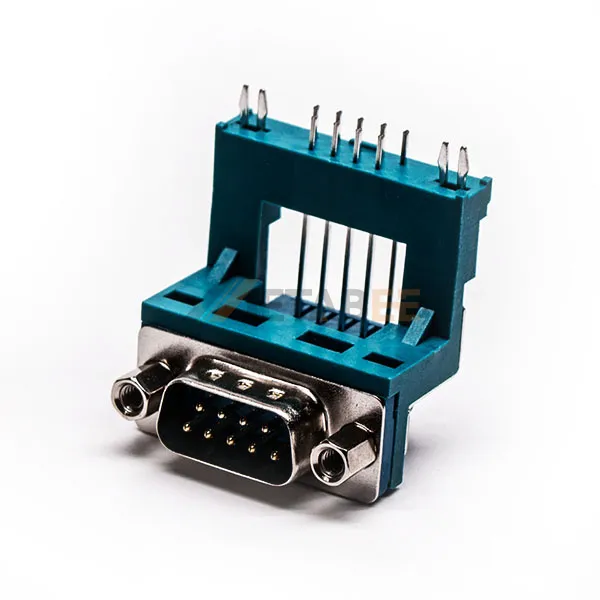 Right Angle DB9 PCB Male Connector, Through Hole, 2.77mm Pitch, Long Bracket