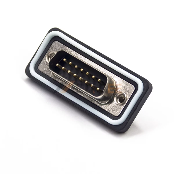 Waterproof D-Sub 15 Pin Male Connector for PCB Mount, Right Angle, Machined Contacts, 2.77mm Pitch, IP67
